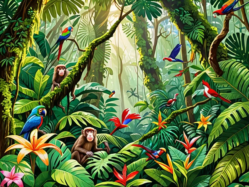 Un exuberante y denso bosque tropical teñido de verde vibrante, salpicado de flores tropicales y habitado por monos, loros y otras aves exóticas