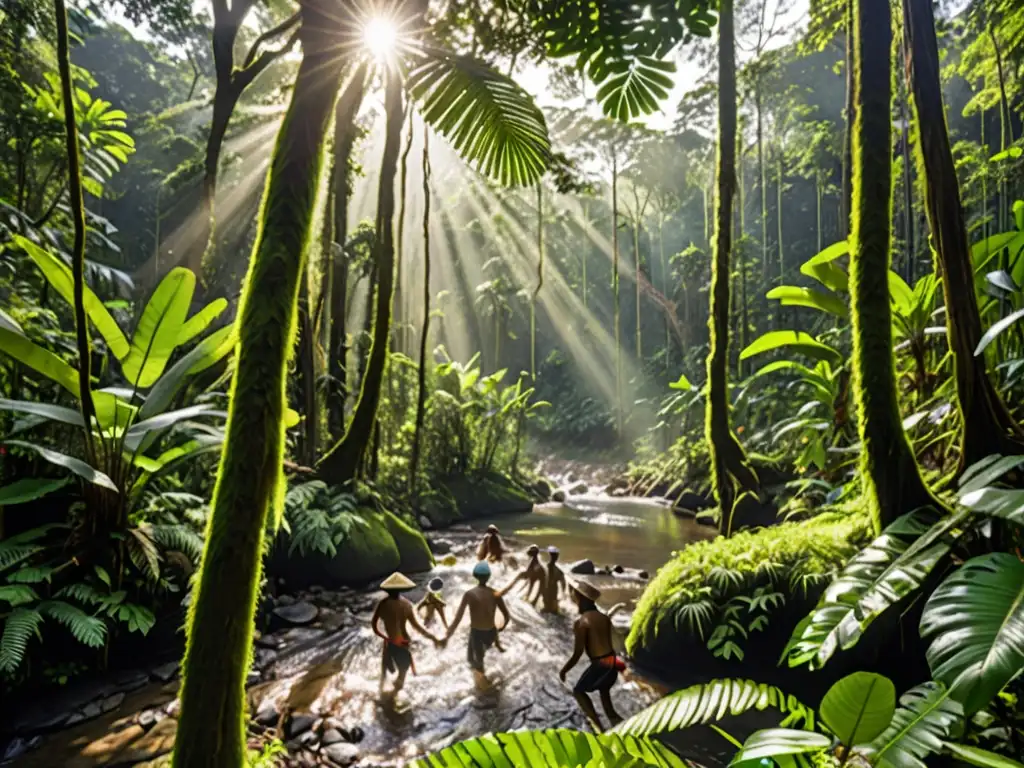 Un exuberante y denso bosque tropical en Indonesia, con árboles imponentes, follaje verde vibrante y una diversa fauna