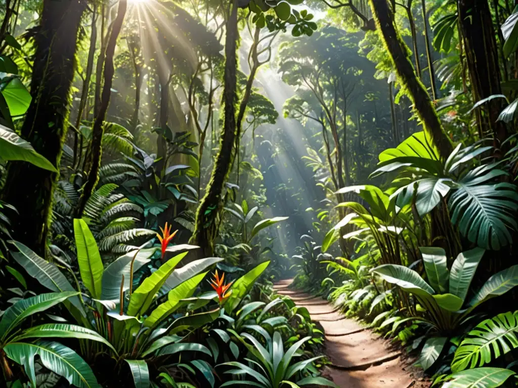 Un exuberante y denso bosque tropical con una diversidad de vegetación, incluyendo árboles imponentes, flores vibrantes y una variedad de plantas