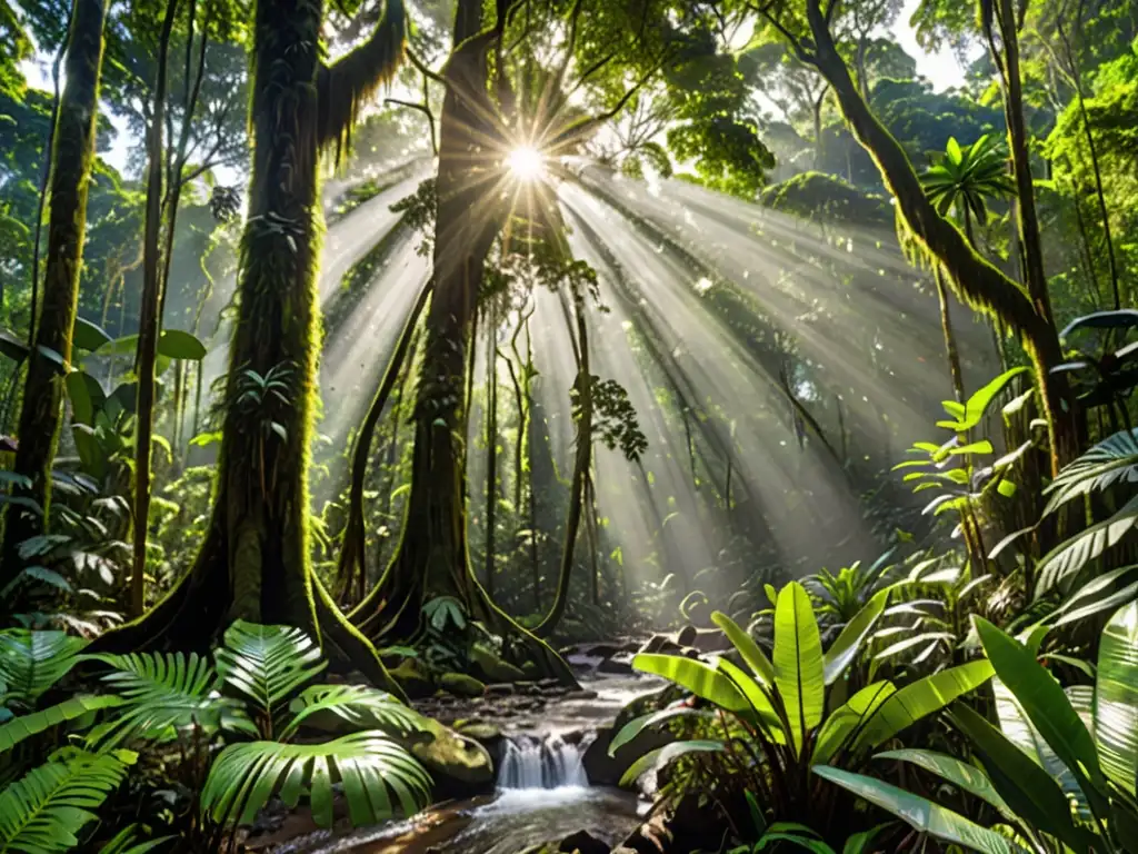 Un exuberante y denso bosque lluvioso con vida silvestre variada y un río serpenteante