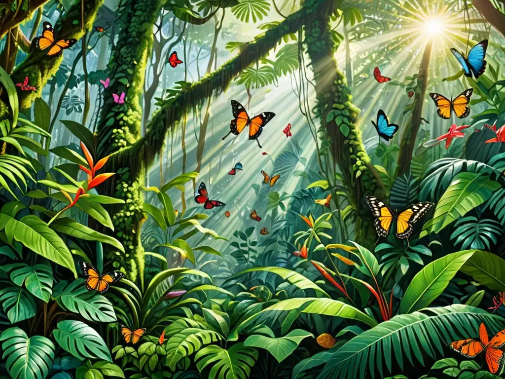 Bosque tropical exuberante: biodiversidad y equilibrio Un exuberante y detallado bosque lluvioso con diversa vida vegetal y colores vibrantes