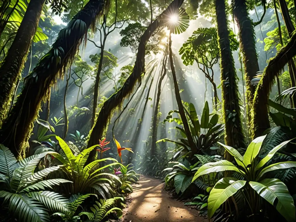 Selva tropical exuberante en Tailandia: biodiversidad y vida silvestre Un exuberante y detallado bosque tropical en Tailandia, con una gran variedad de especies vegetales y vida silvestre