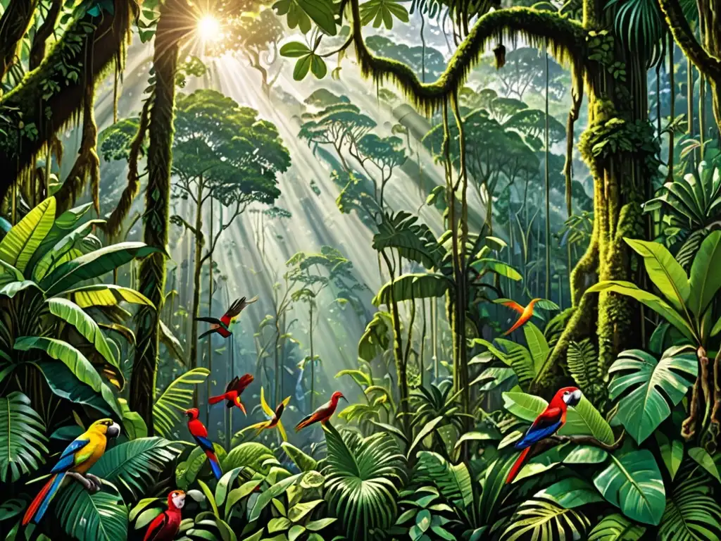 Un exuberante y diverso bosque lluvioso en el corazón del Amazonas, con una amplia variedad de vida silvestre y un fascinante juego de luces y sombras