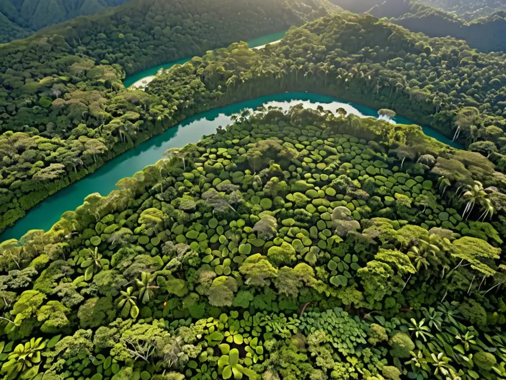 Un exuberante y diverso bosque lluvioso, donde la luz del sol filtra a través de las hojas y un río serpentea