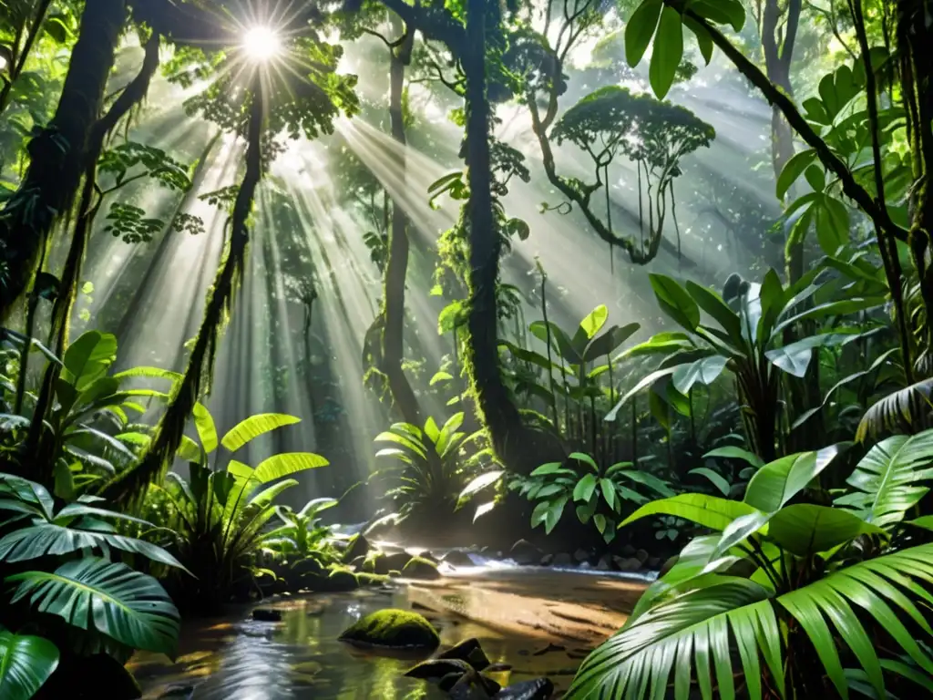 Un exuberante y diverso bosque lluvioso con follaje vibrante, árboles imponentes y vida silvestre