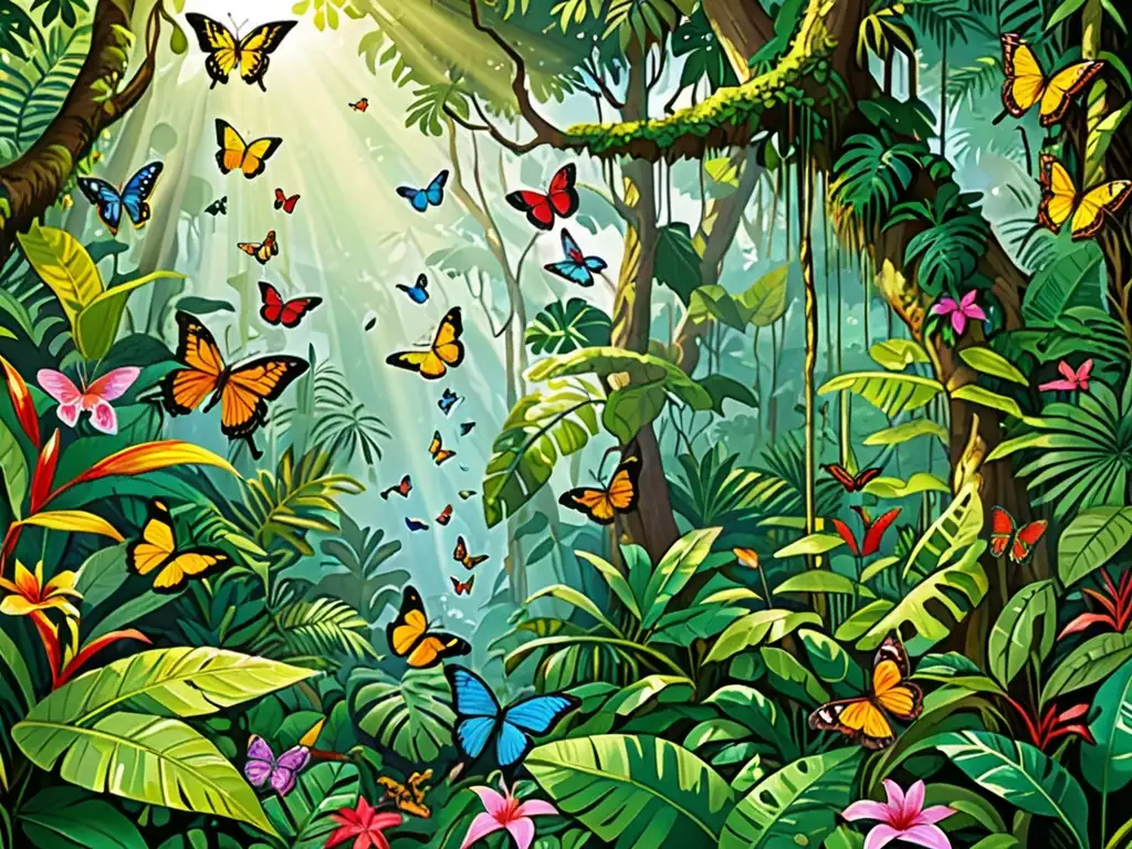 Un exuberante y diverso bosque lluvioso con aves vibrantes, monos y mariposas coloridas