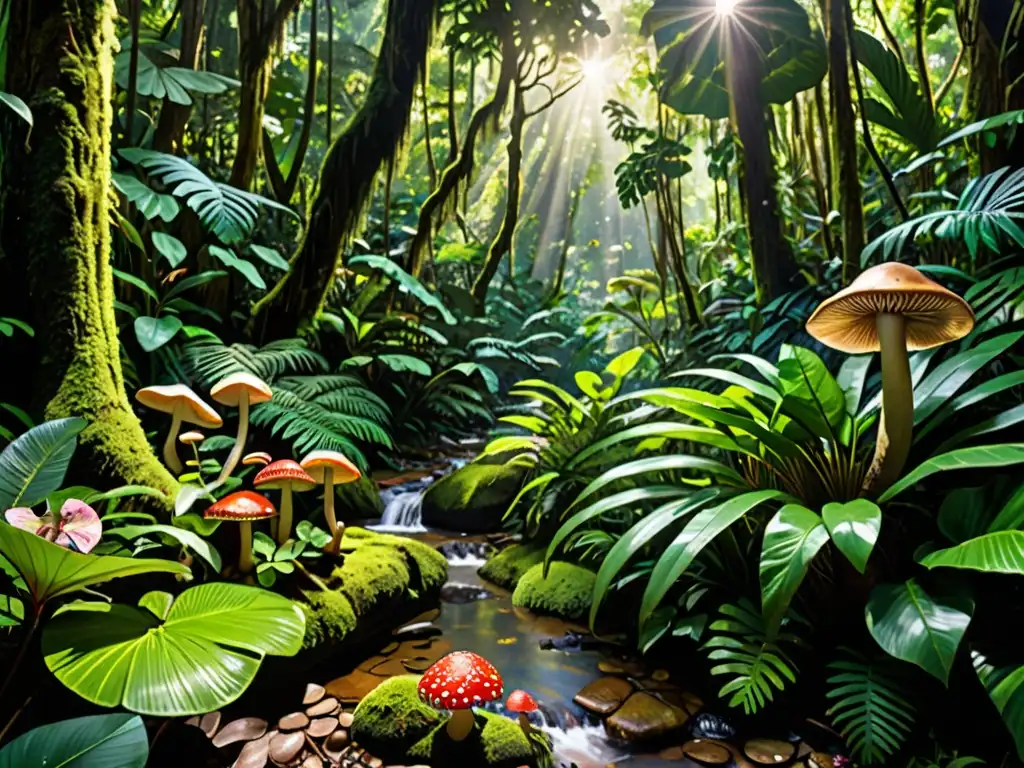 Un exuberante y diverso bosque tropical con follaje vibrante, rayos de sol filtrándose y un arroyo serpenteante