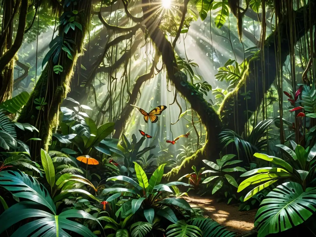 Un exuberante y diverso bosque tropical, con luz solar filtrándose a través del denso dosel y creando un hipnotizante juego de sombras en el suelo del bosque