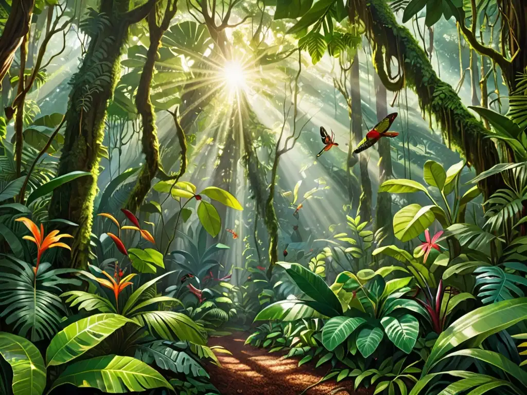 Exuberante biodiversidad en la selva: flora, fauna y luz Un exuberante y diverso ecosistema de selva lluviosa, con flora y fauna en armonía