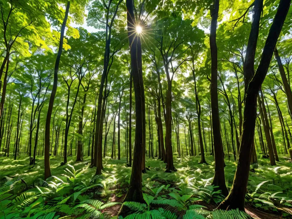 Un exuberante dosel forestal, con luz solar filtrándose entre las hojas y creando sombras moteadas en el suelo del bosque