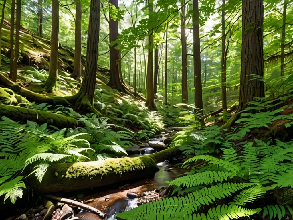 Un exuberante dosel forestal con luz solar filtrándose a través de las hojas, creando sombras moteadas en el suelo del bosque