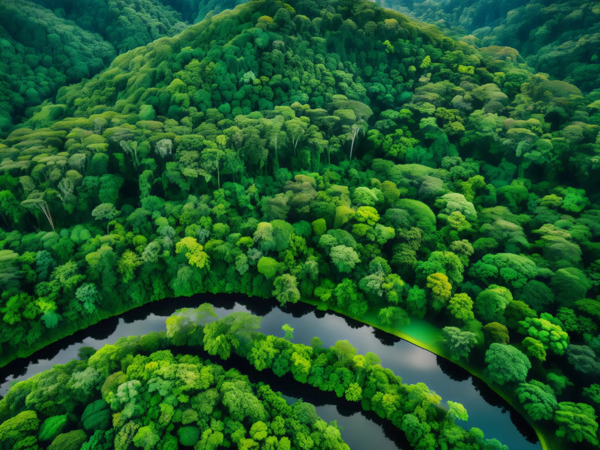 Un exuberante dosel de selva lluviosa con un intrincado entramado de árboles, follaje vibrante y ríos serpenteantes