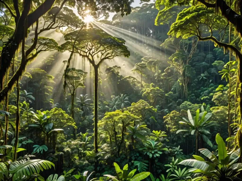 Un exuberante dosel de selva lluviosa con luz dorada filtrándose entre las frondosas hojas