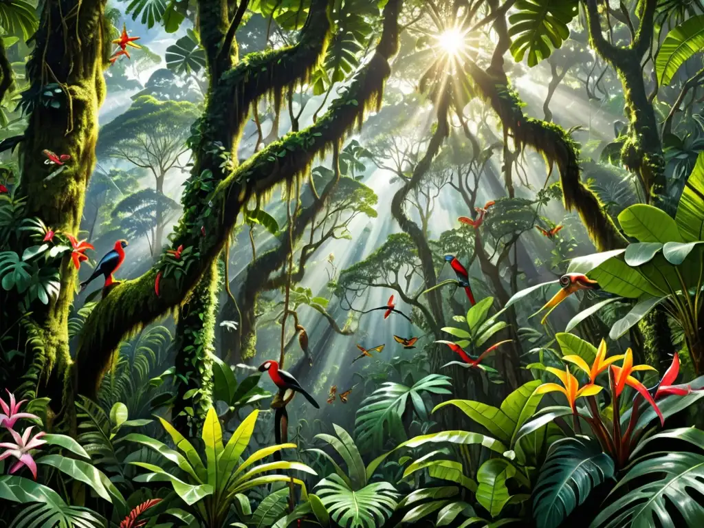 Un exuberante dosel de selva tropical, con flora vibrante y diversa vida silvestre