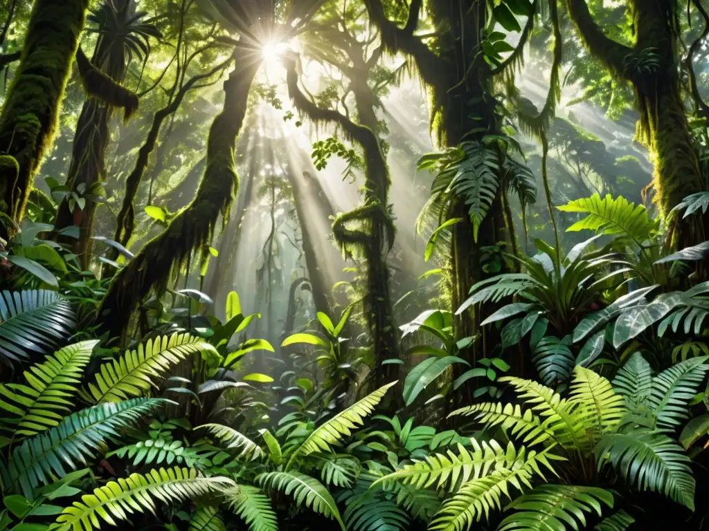 Un exuberante dosel de selva tropical, con luz solar filtrándose entre el denso follaje verde, creando patrones de luz y sombra