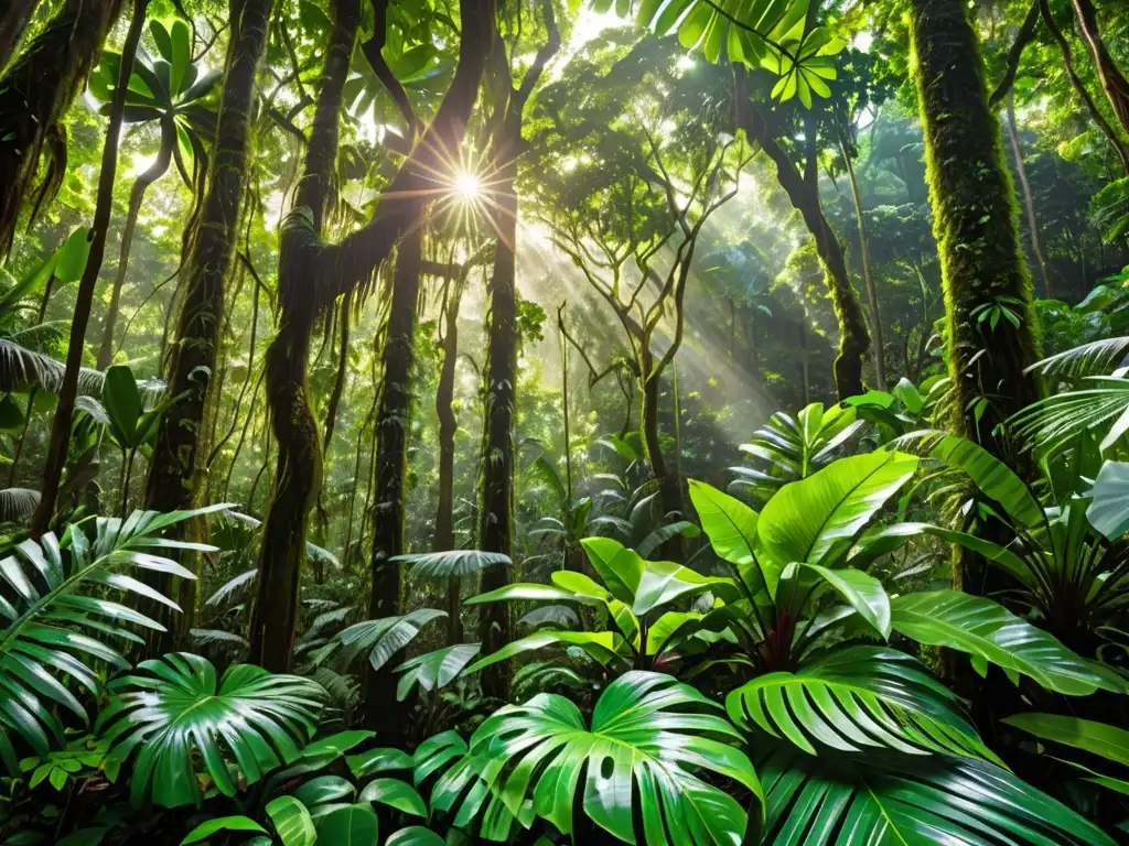 Un exuberante dosel de selva verde, con la luz del sol filtrándose a través del follaje denso y creando patrones moteados en el suelo del bosque