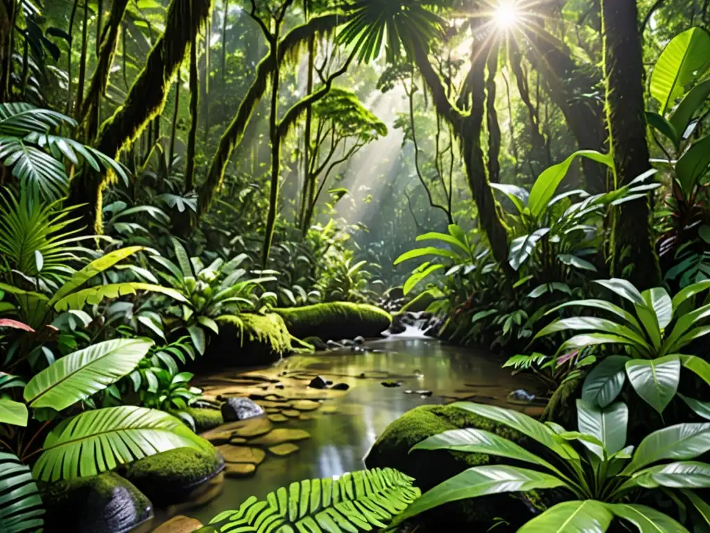 Un exuberante ecosistema de selva tropical, con diversidad de especies vegetales y animales conviviendo armoniosamente bajo la luz del sol