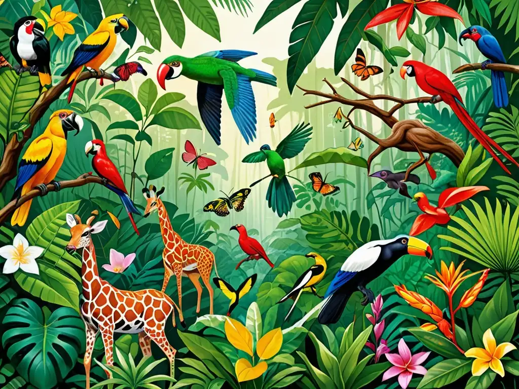 Exuberante escena de selva tropical con diversa flora y fauna, resaltando la biodiversidad central a los desafíos legales del biocomercio sostenible