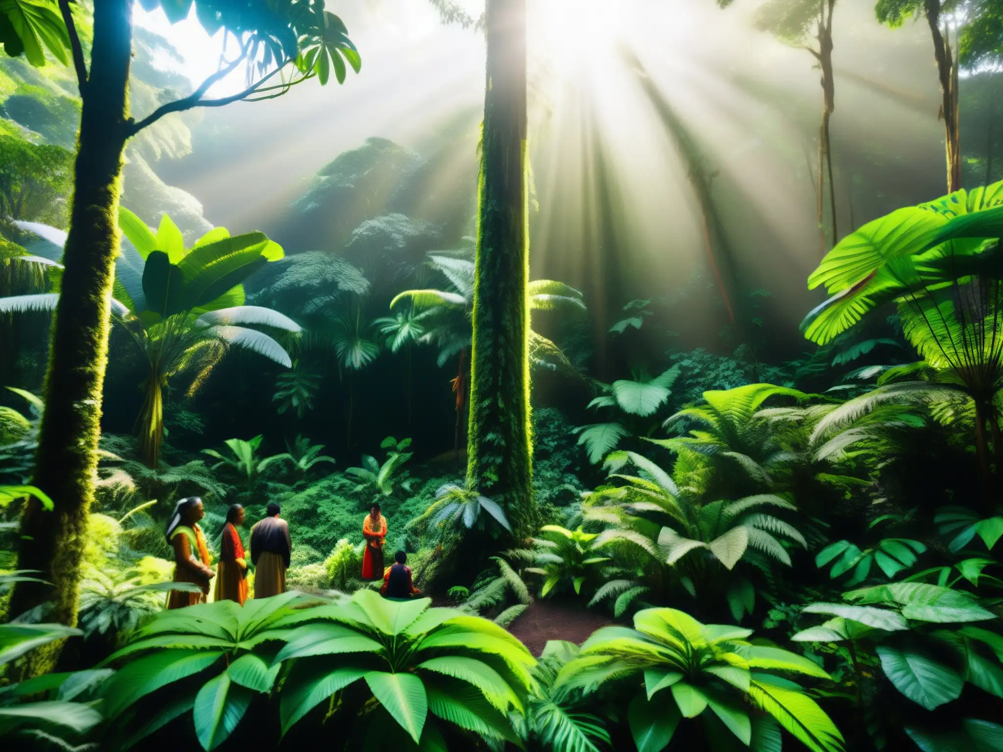 Selva ancestral: tradición y biopiratería Un exuberante escenario de selva con árboles enormes, frondosa vegetación y una diversidad de especies