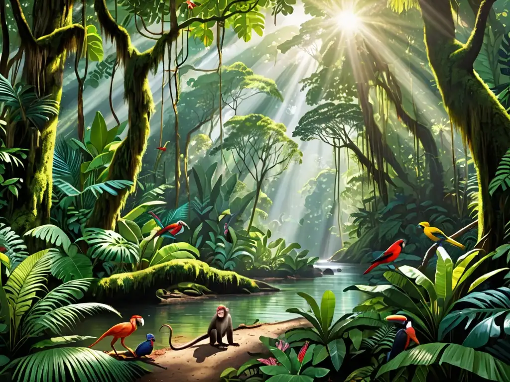 Un exuberante escenario de selva tropical con una diversidad de vida silvestre y flora vibrante