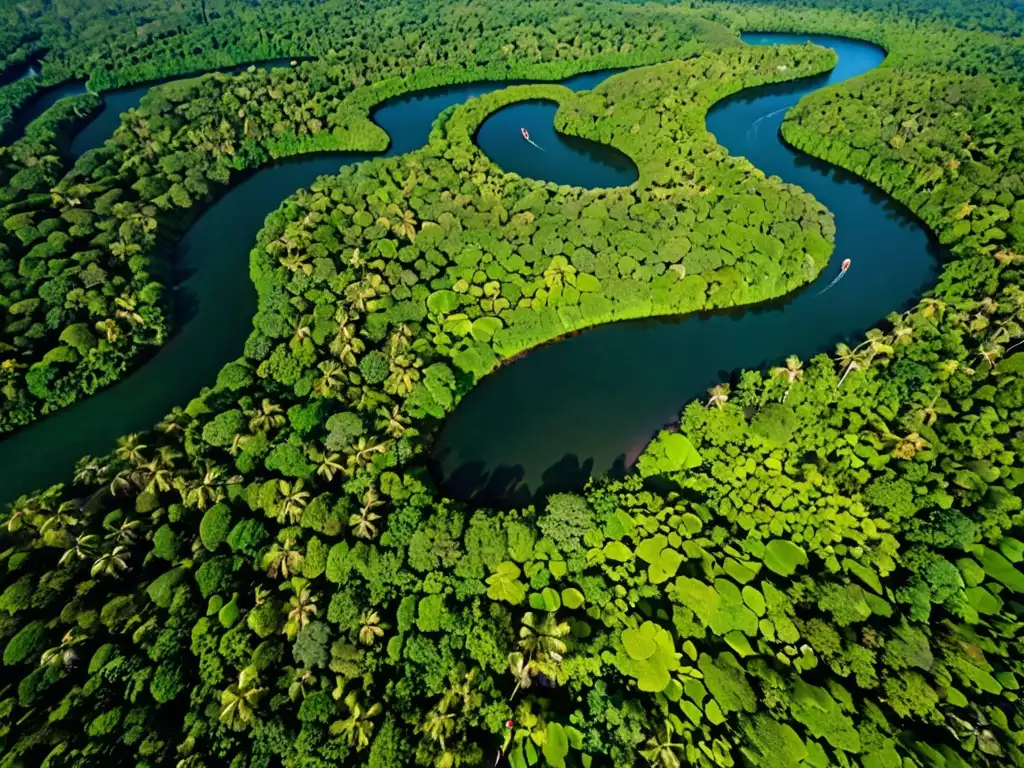 Un exuberante paisaje de selva con río serpenteante y comunidad indígena