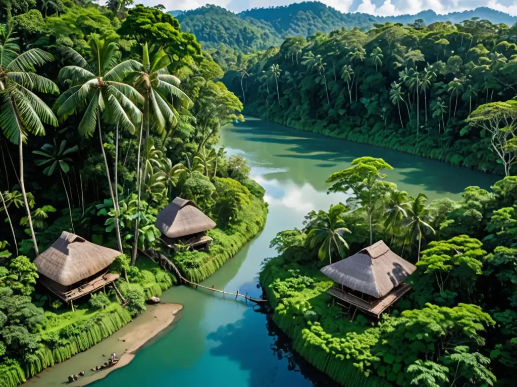 Un exuberante paisaje de selva con río y aldea indígena