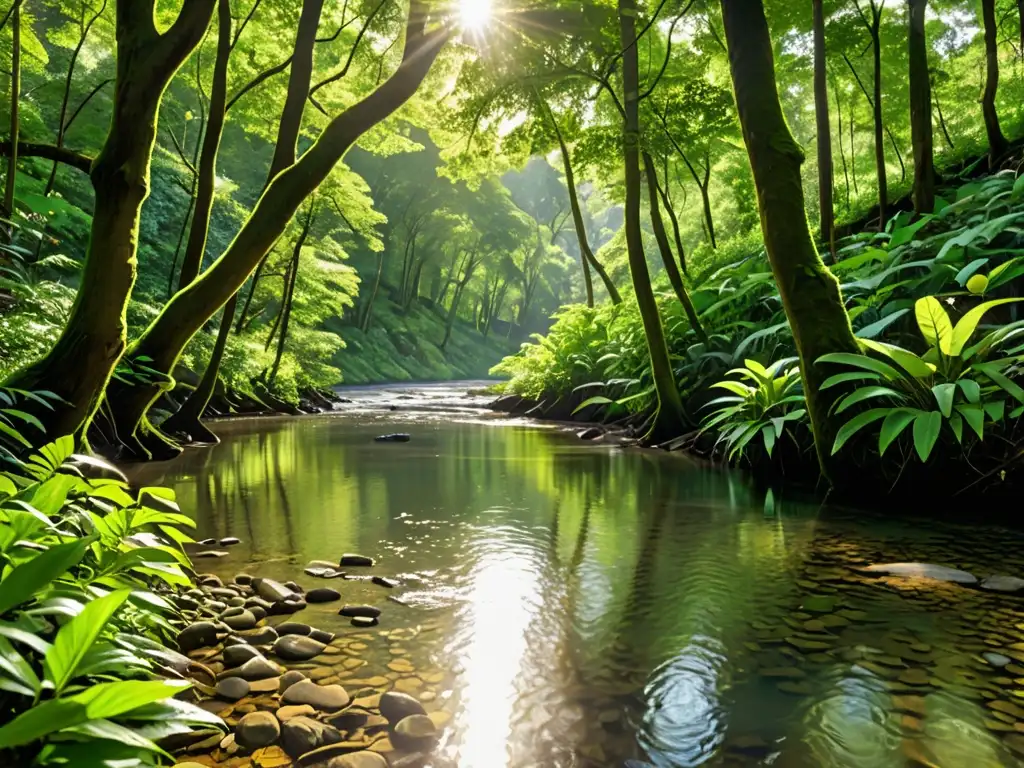 Un exuberante paisaje verde con un río serpenteando a través de densos bosques