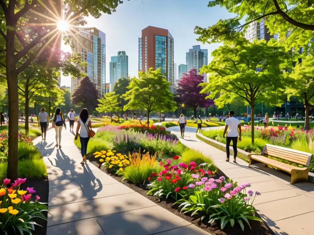 Un exuberante parque urbano lleno de vegetación vibrante y flores coloridas, con senderos bien cuidados que serpentean por el paisaje