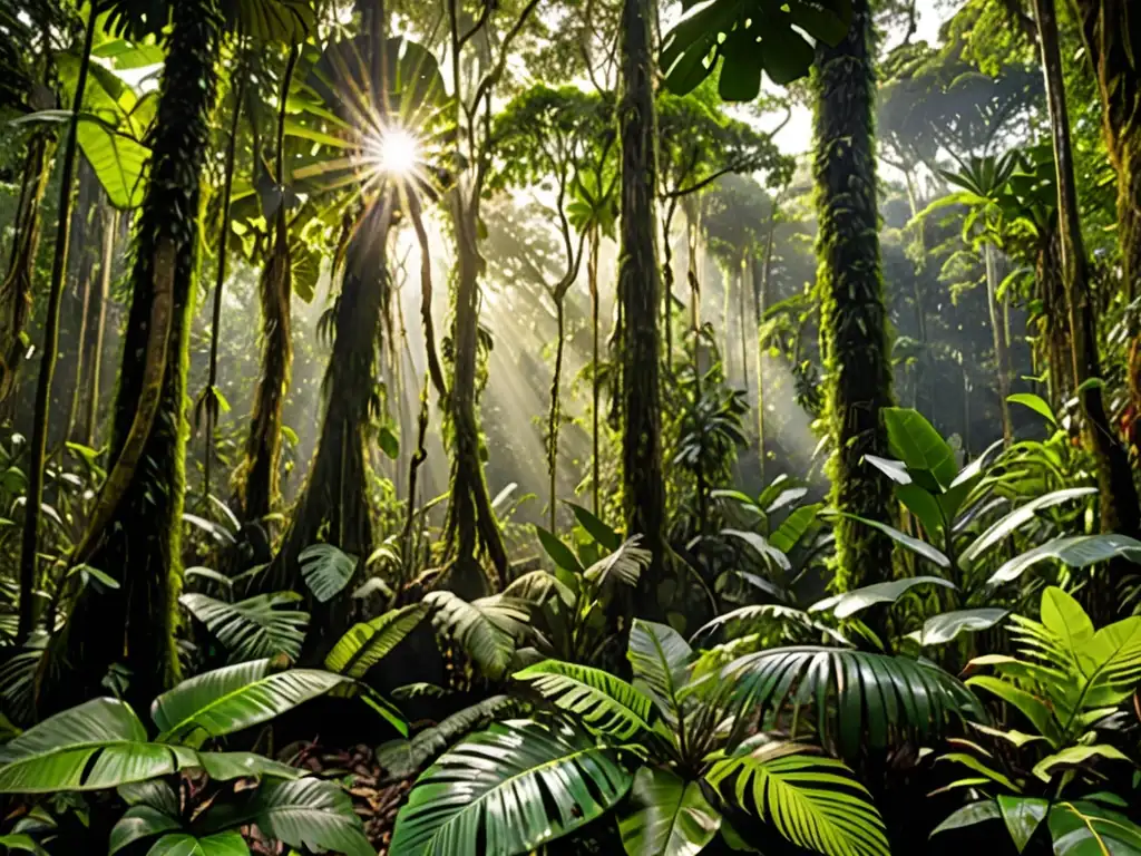 Exuberante selva amazónica, con árboles majestuosos y una rica vegetación