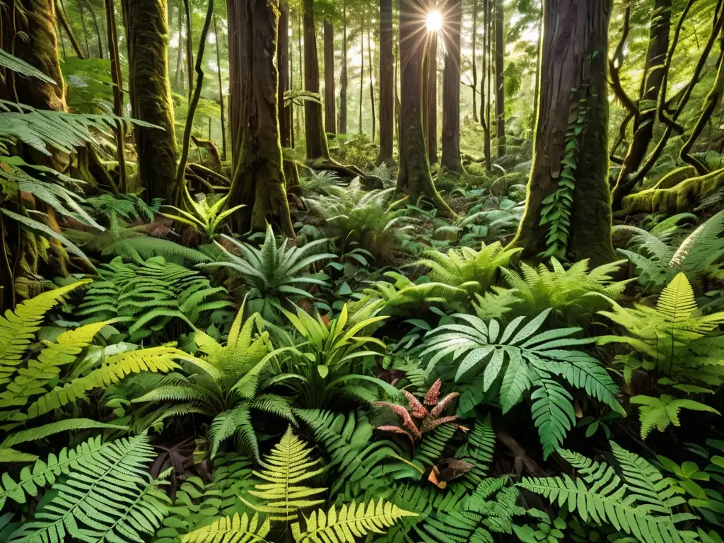 Una exuberante selva biodiversa en Zonas de Conservación Especial, con árboles antiguos, helechos, flores silvestres y vida animal variada