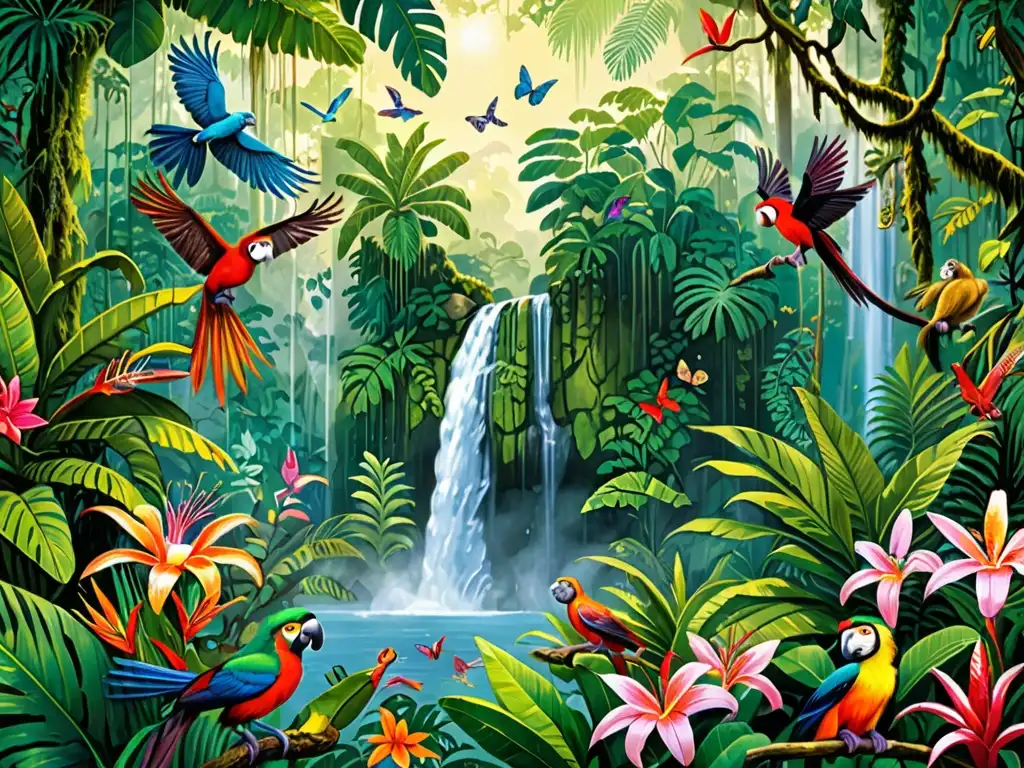 Una exuberante selva con cascada, diversa flora y fauna