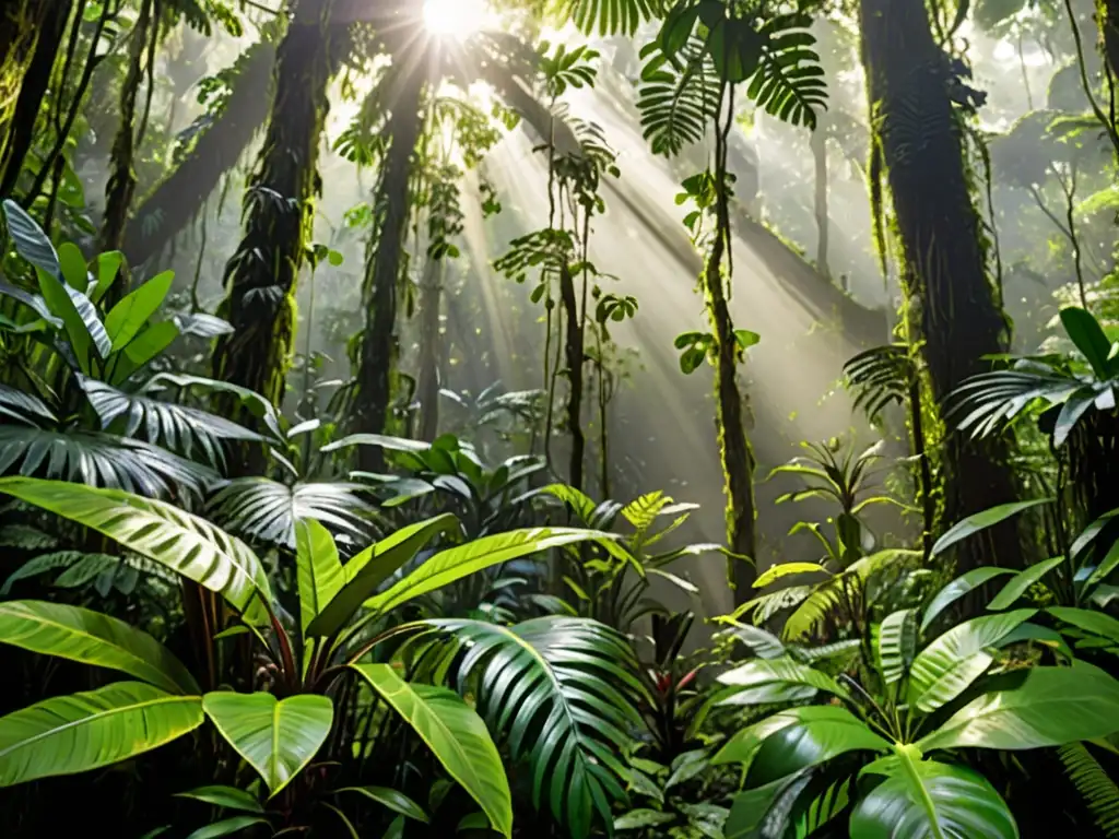 Exuberante selva con diversidad de plantas, flores vibrantes y árboles majestuosos