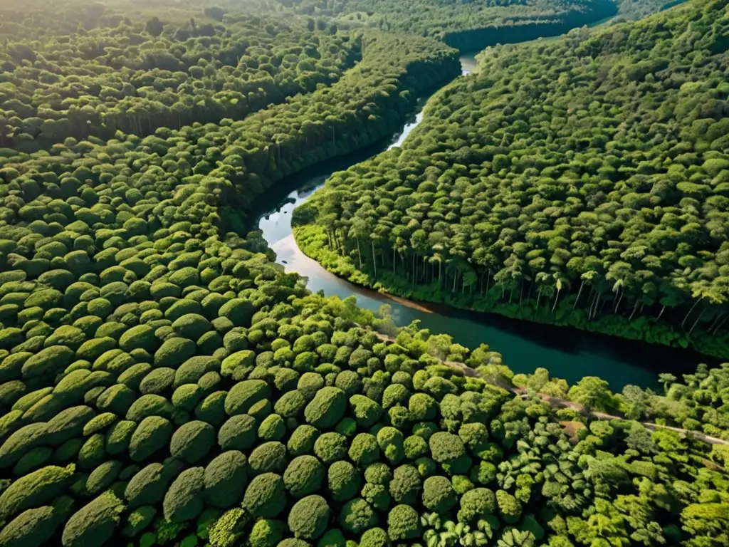 Una exuberante selva con un río serpenteante, comunidad indígena y empoderamiento de pueblos indígenas en la defensa de sus territorios