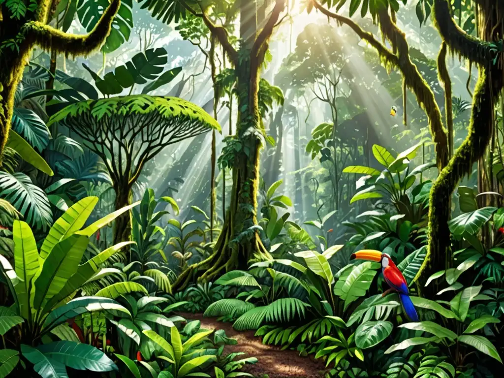 Exuberante selva tropical con biodiversidad, resaltando la importancia de la ética en la aplicación de leyes ambientales