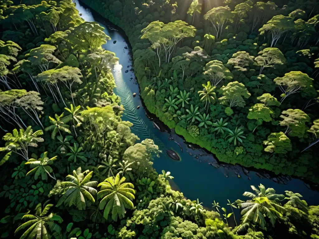 Una exuberante selva tropical llena de vida y biodiversidad, con luz solar filtrándose a través del dosel y destacando la exuberante flora verde