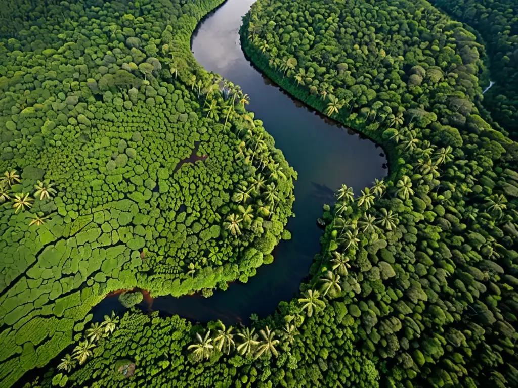 Una exuberante selva tropical con un río serpenteante, comunidad indígena y colores vibrantes