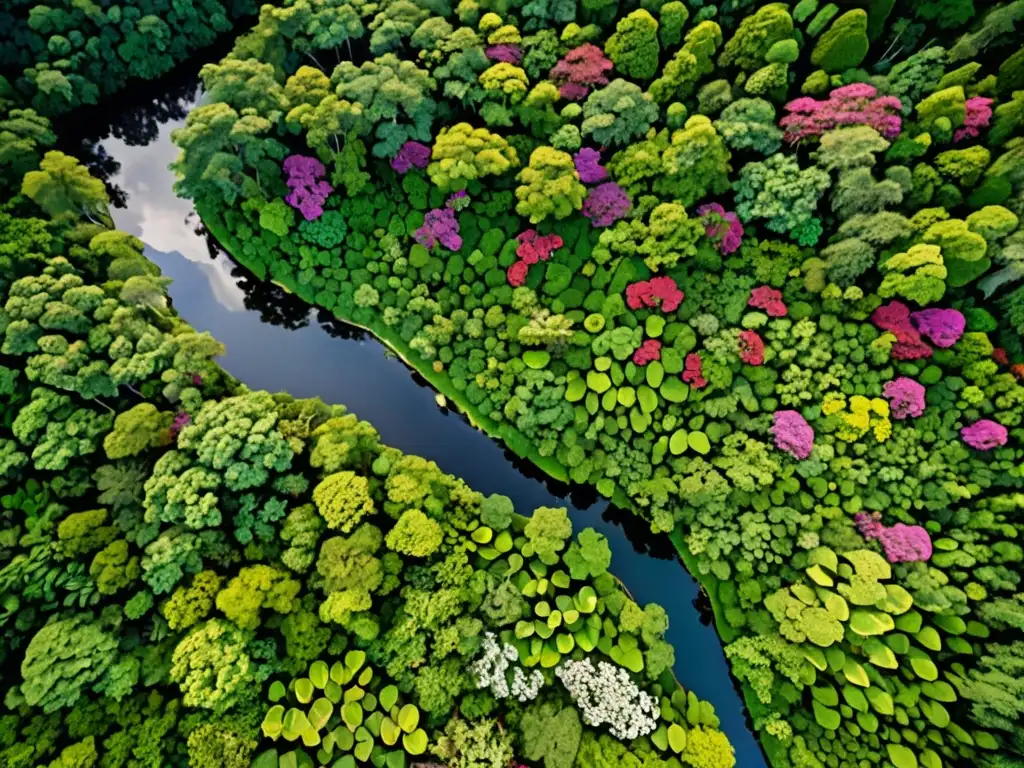 Selva exuberante: vida indígena y biodiversidad Una exuberante selva tropical con un río serpenteante, flora vibrante y comunidad indígena