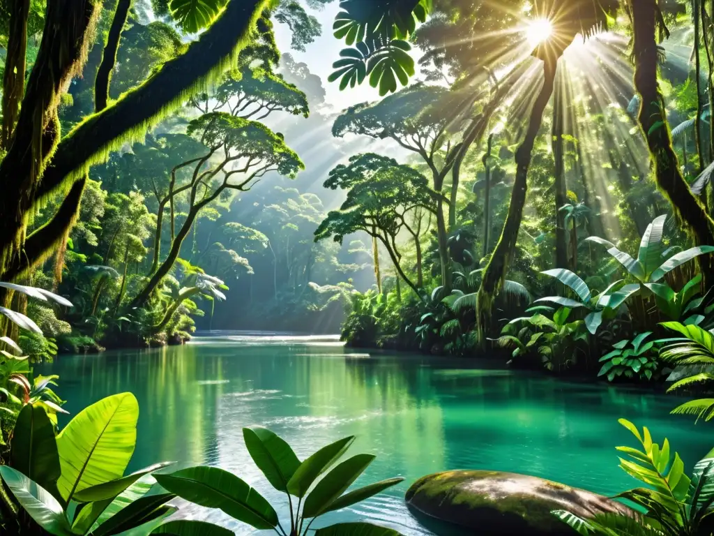 Exuberante selva tropical con río cristalino, fauna diversa y follaje verde vibrante