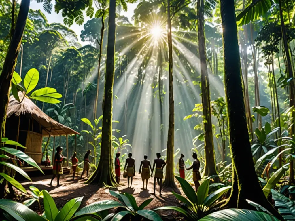 Una exuberante selva tropical con vida silvestre diversa y prácticas sostenibles de comunidades indígenas