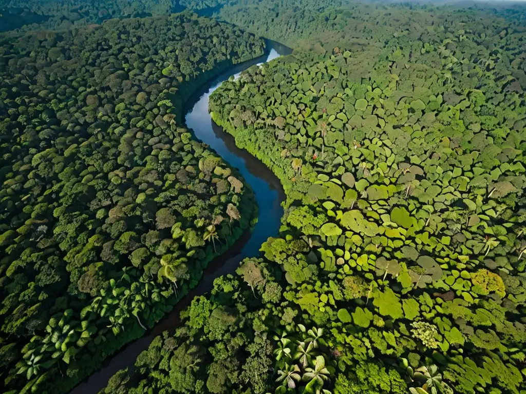 Un exuberante y vasto bosque lluvioso con un río serpenteante y una atmósfera etérea