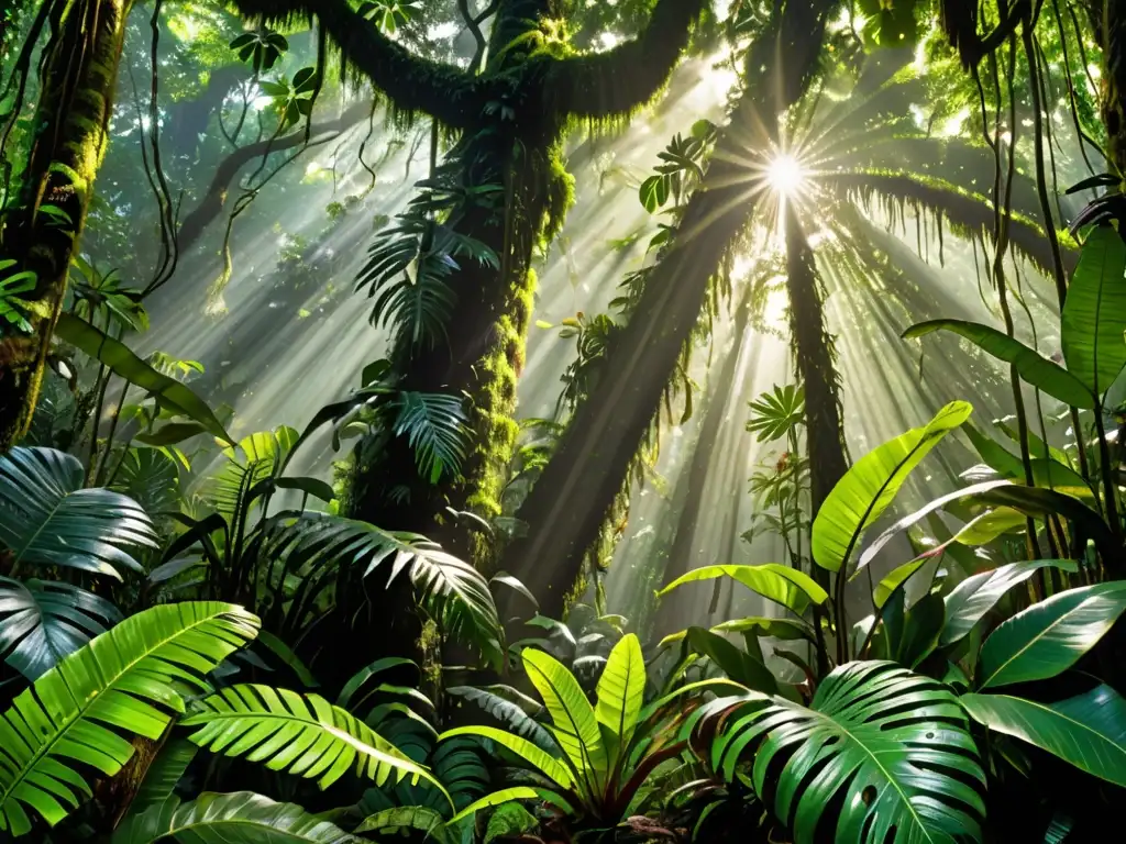 Un exuberante y vibrante bosque lluvioso, destacando la rica biodiversidad y equilibrio delicado del ecosistema