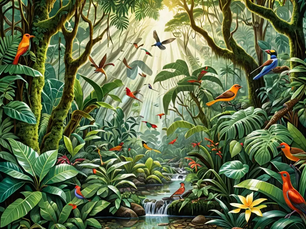 Un exuberante y vibrante escenario de selva tropical con una diversidad de flora y fauna