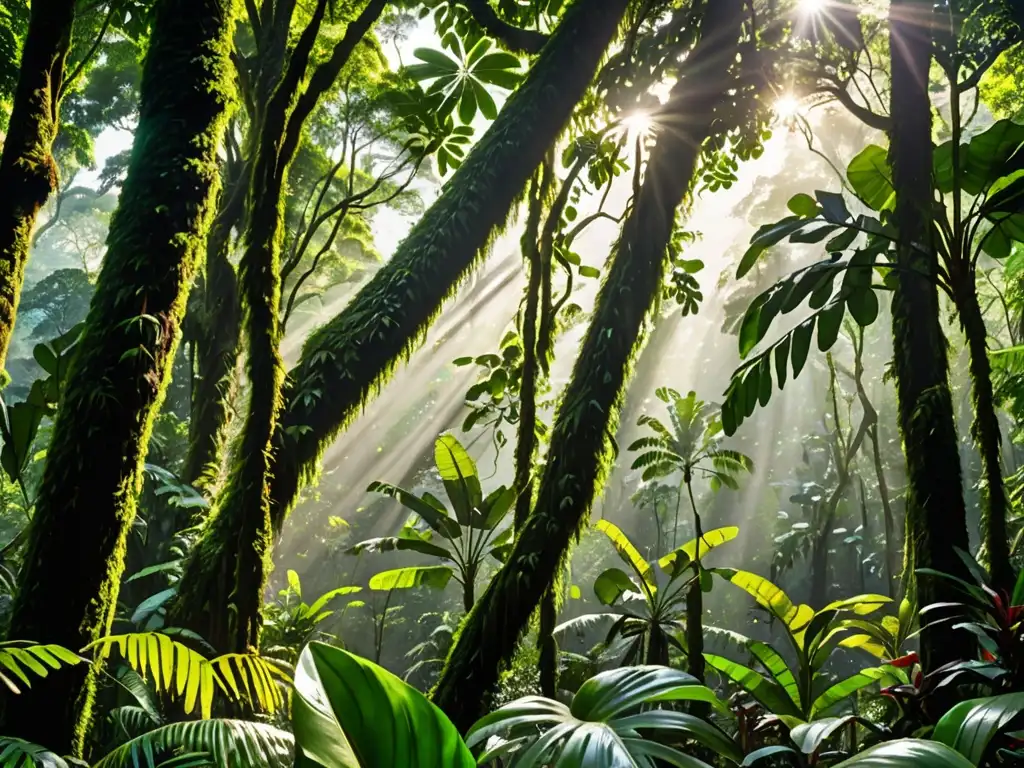 Un exuberante y vibrante bosque lluvioso en Costa Rica, con árboles imponentes, follaje verde y vida silvestre diversa