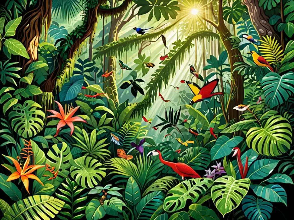 Selva exuberante: diversidad y vida en un ecosistema fascinante Un exuberante y vibrante bosque lluvioso con diversidad de vida