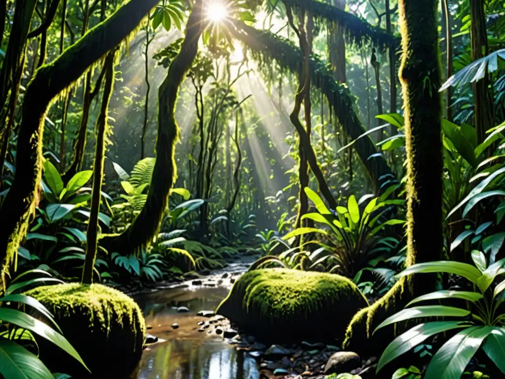 Un exuberante y vibrante bosque lluvioso con una diversidad de árboles, plantas y vida silvestre