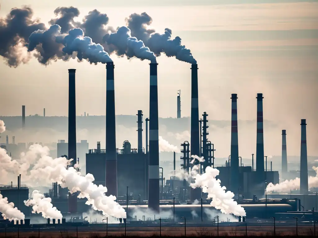 Una fábrica industrial moderna emitiendo gases a la atmósfera, contrastando con el paisaje natural