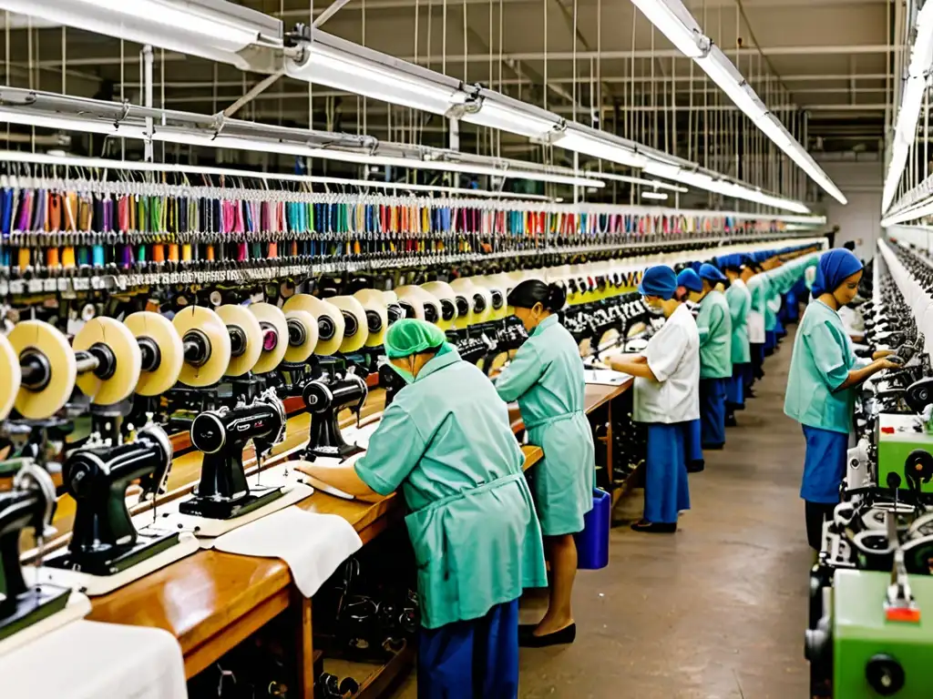 En una fábrica textil bulliciosa, trabajadores inspeccionan máquinas de coser industriales