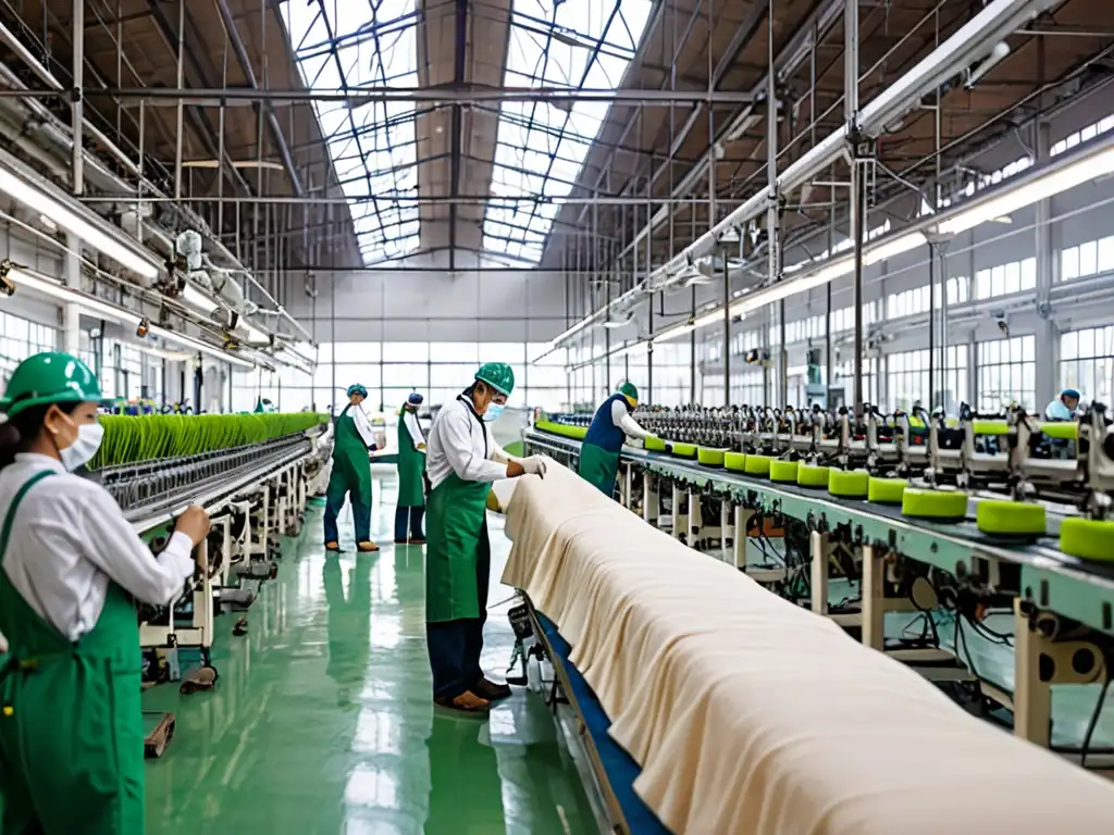 En una fábrica textil bulliciosa, los trabajadores operan maquinaria en un gran espacio bien iluminado