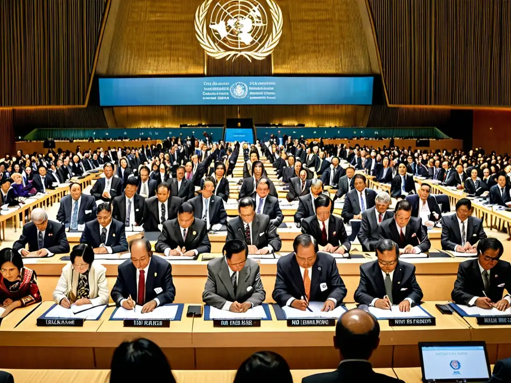 Firma del Protocolo de Kioto en la ONU, representando la diversidad cultural y el compromiso global por el medio ambiente