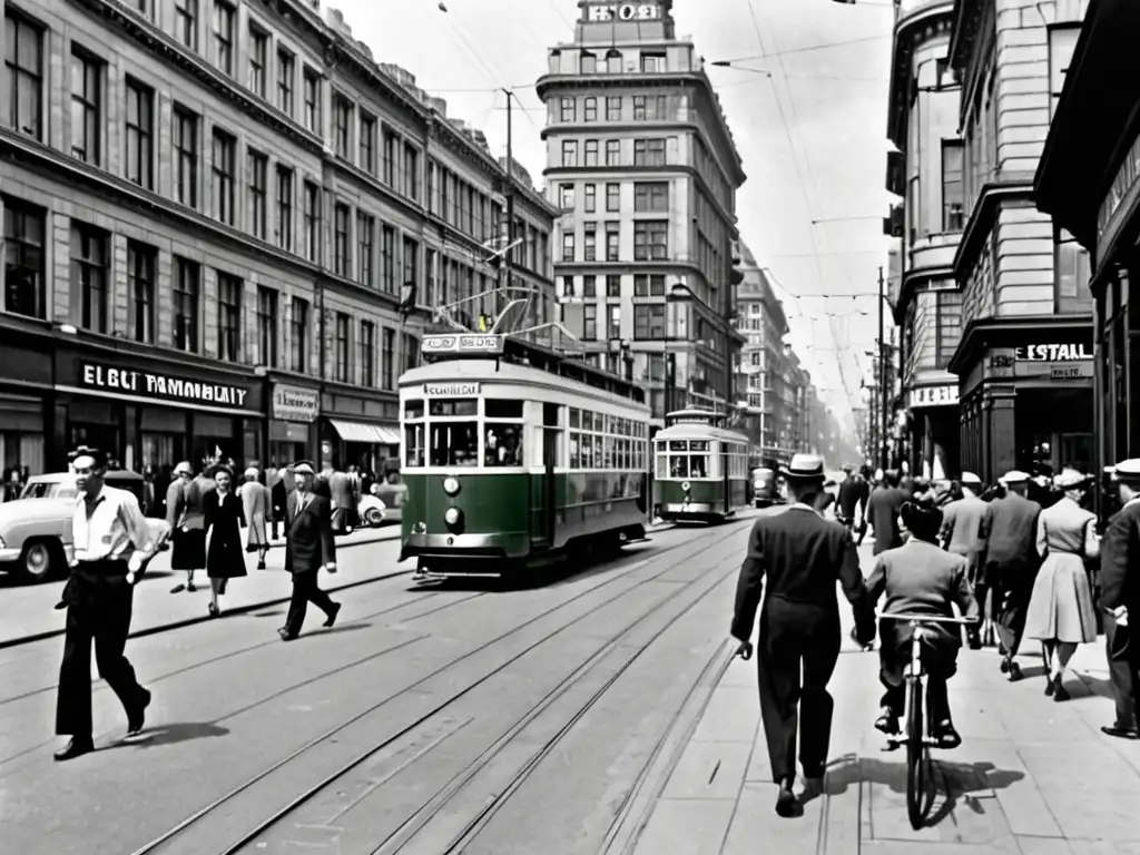 Foto en blanco y negro de una bulliciosa calle de la ciudad de los años 50 con tranvías eléctricos vintage y personas caminando y andando en bicicleta